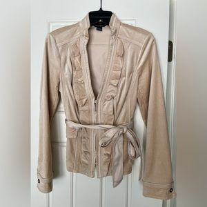 Beige belted jacket with ruffled front